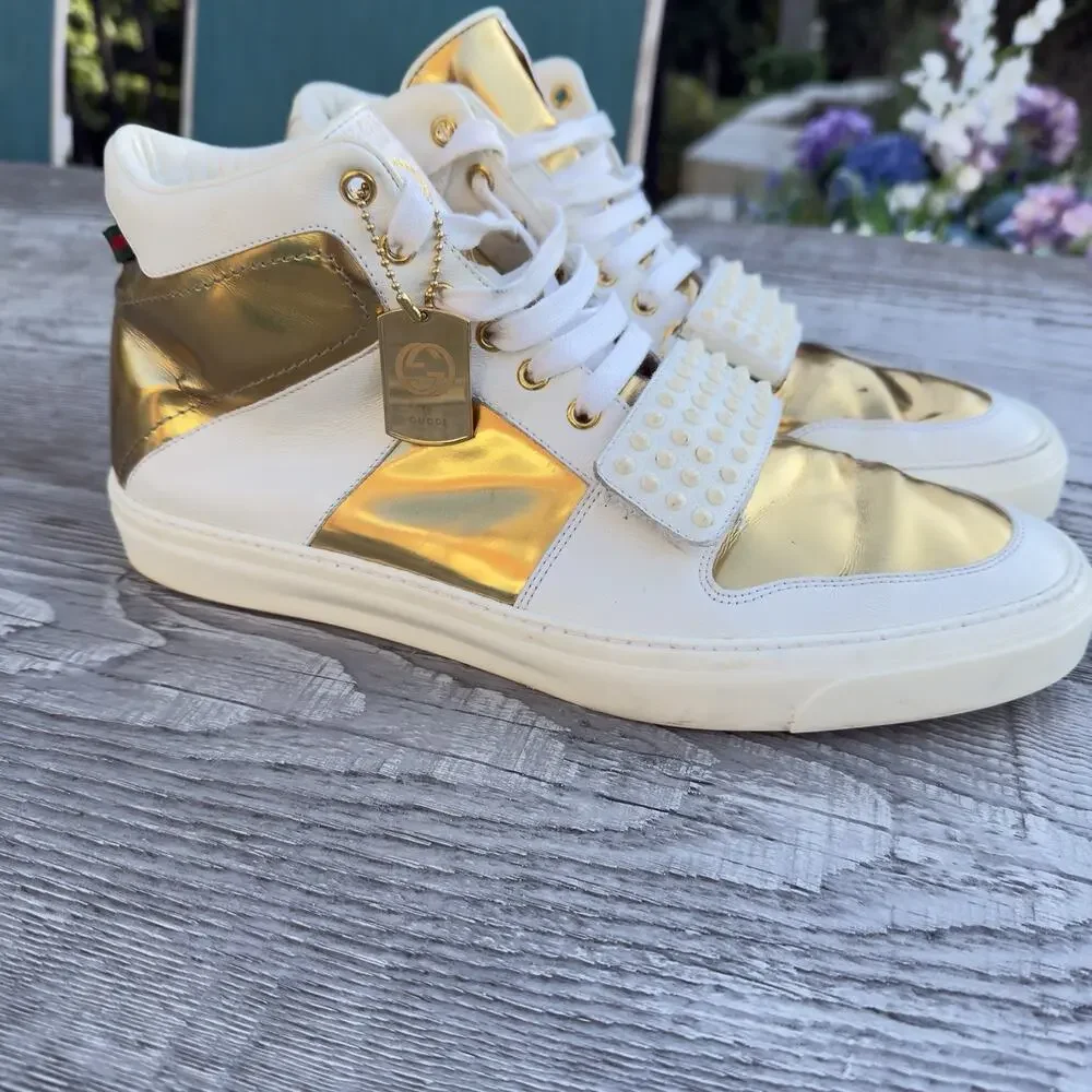Gucci Shoes Men's 11 High-Top Gold & White Leather Studded Strap Limited Edition